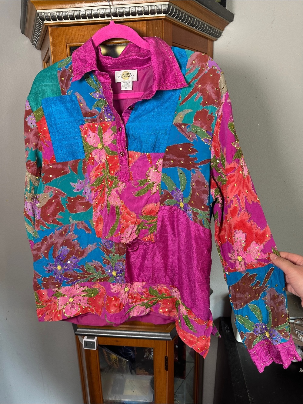 Sandy StarkmanPatchwork Floral Satin Button-Down Blouse - Vibrant Fuchsia Multi
